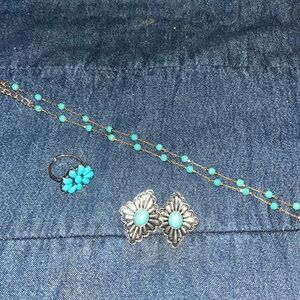 Faux fake turquoise jewelry. Ring necklace earring bundle